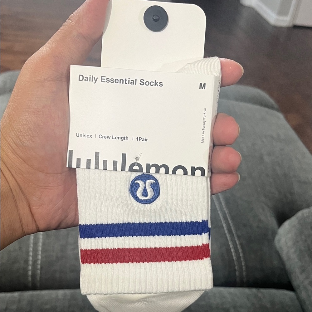 lululemon athletica White Crew Socks with Blue & Red Stripes